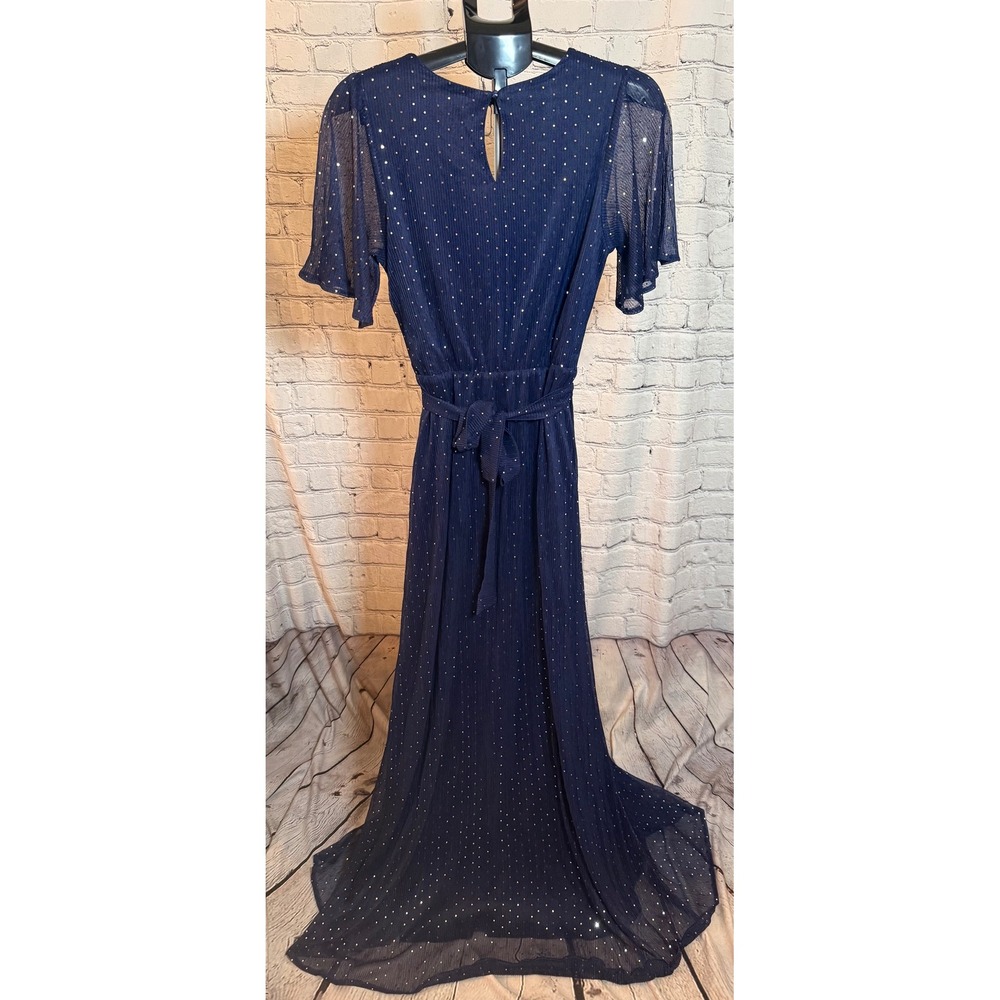 Baltic Born Grace Sparkle Gown Navy Blue Silver Foil Dot Maxi Dress Large NWT - Picture 3 of 4